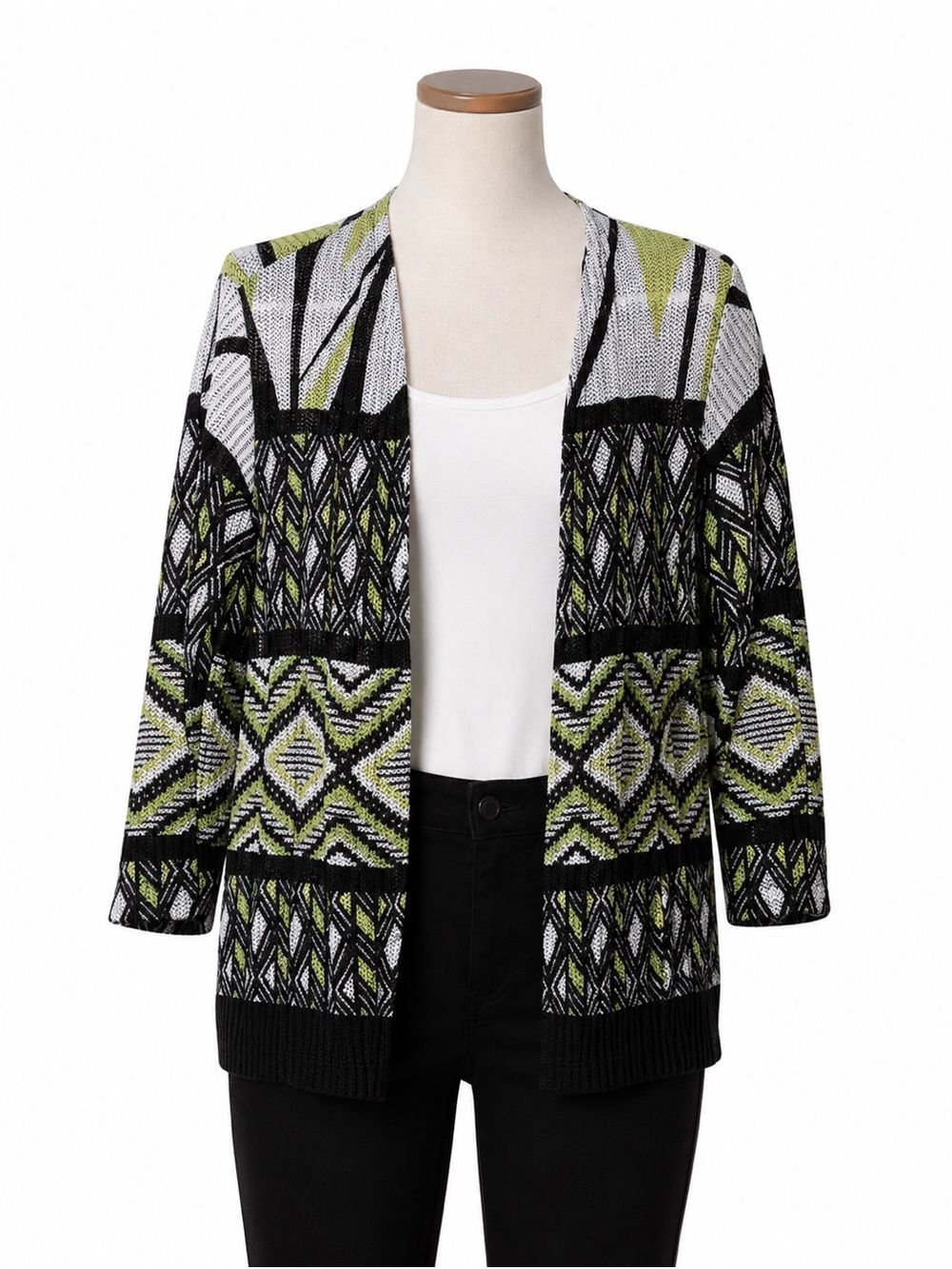 Alfred Dunner Petite Cardigan PS Sweater Black Green Geometric Knit | Styled